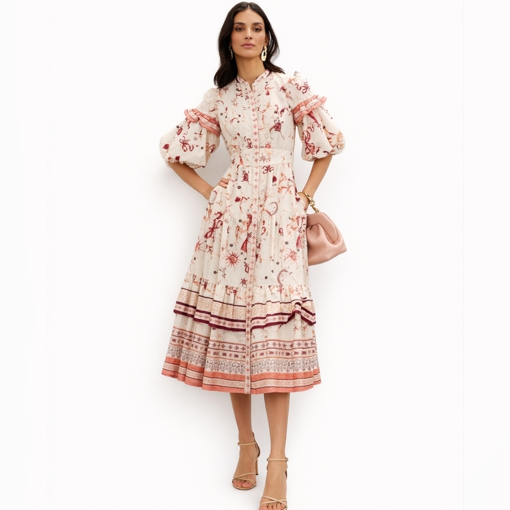 Marchesa Rosa Parker Midi Dress Button Down Puff Sleeve Cream Red Size 8 - Picture 1 of 10